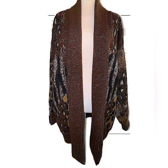 Vintage 80s Cardigan Sweater Multi Animal Print Metallic Leopard Pockets L - Picture 7 of 15